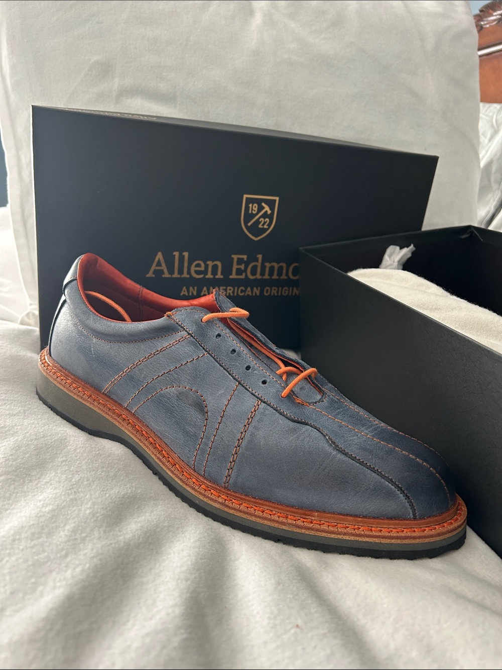 Allen Edmonds Voyager Men’s Blue Leather Casual Lace-Up Shoe with Orange Accents